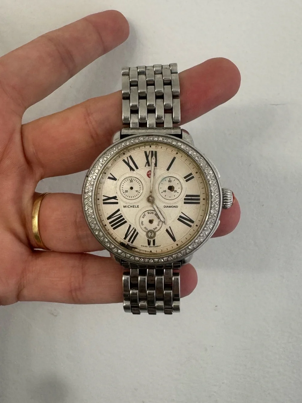 Woman’s Michele Silver Stainless Steel Chronograph Watch - Serein w/WATER DAMAGE